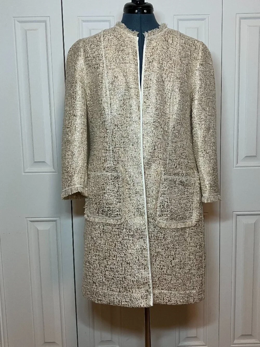 Vintage Neiman Marcus Exclusive Gold and Cream Metallic Tweed Jacket Size L - Picture 1 of 11